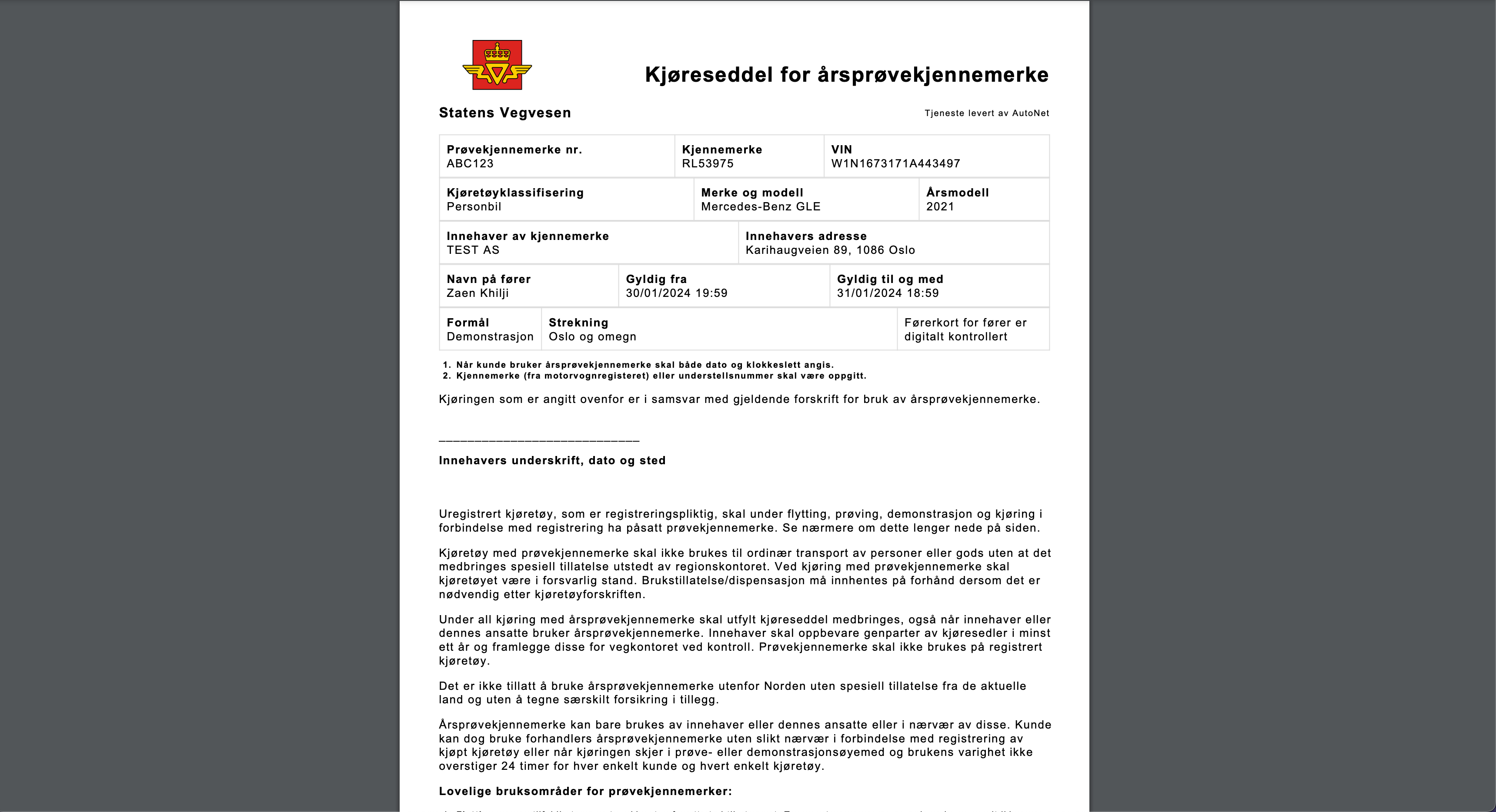 Skjermbilde 2 av Kjøreseddel i AutoNet